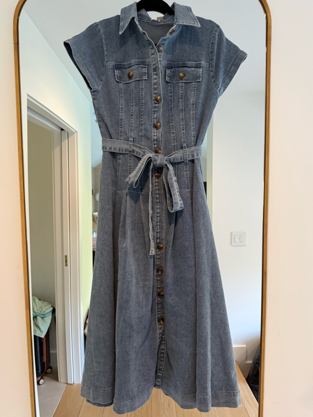 Button-Front Light Blue Denim Midi Dress with Tie Waist - Picture 8 of 11